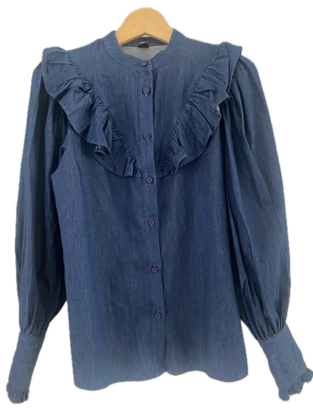 Simons Icône Long Sleeve Denim Ruffle Blouse XS Chambray Blue Relaxed Fit EUC